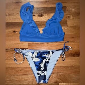 Aerie Blue Bikini Set with Floral Accents